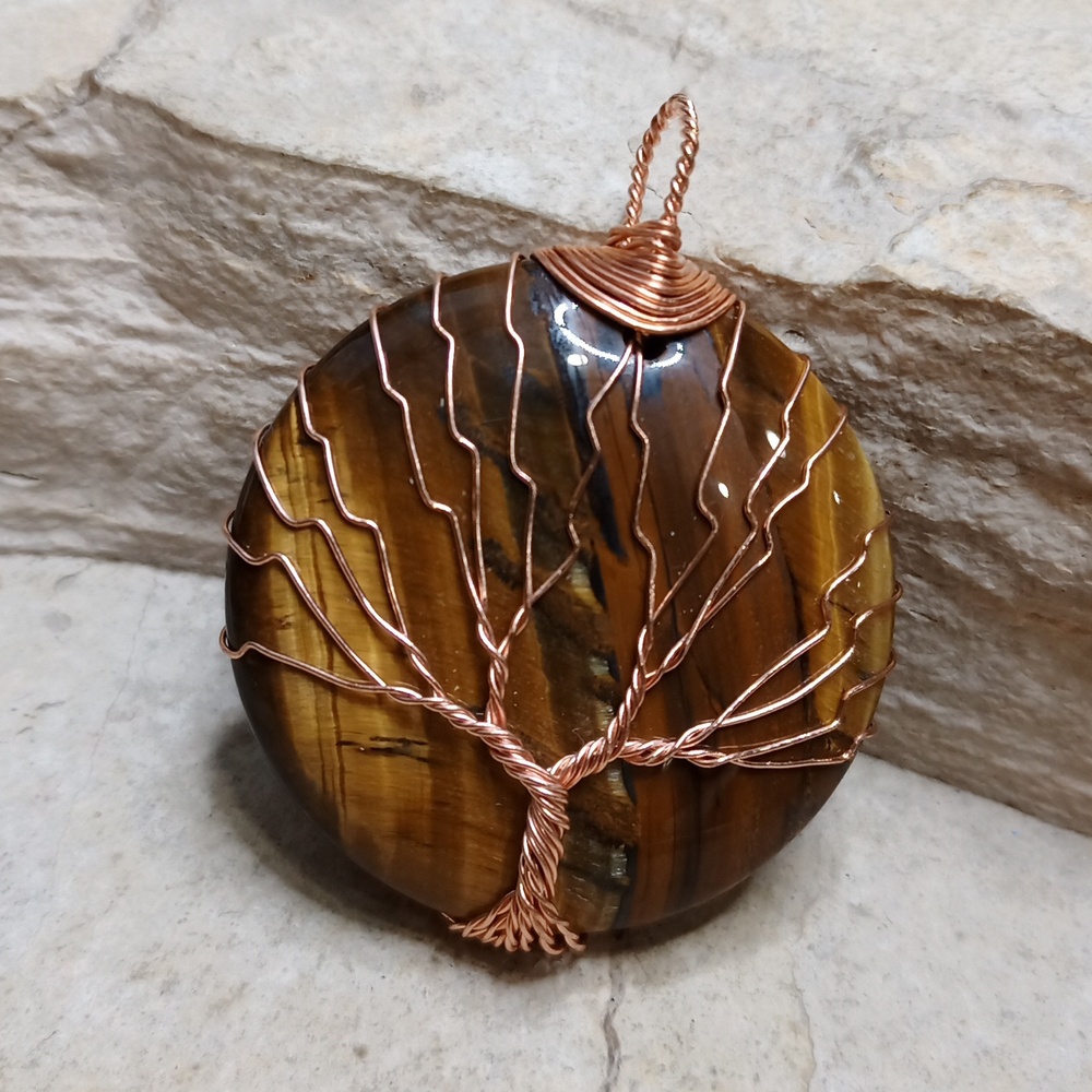 Tigers Eye Gemstone round wire wrapped pendant